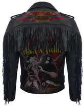 Men’s Gothic Punk Leather Jacket – Guns N’ Roses Patchwork, Fringed Back & Sleeves, Epaulettes, Waist Belted Brando Biker Style